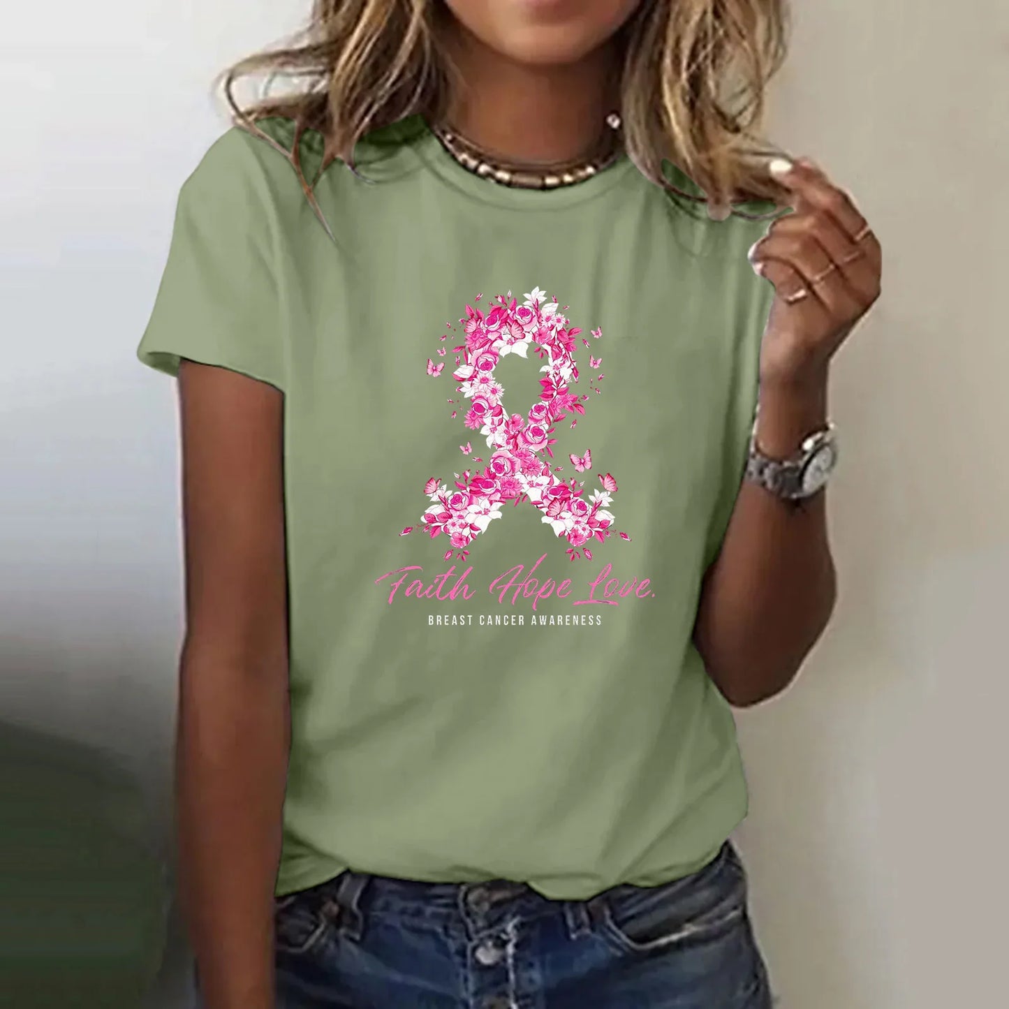 the FAITH HOPE LOVE - Ribbon Petal Print Pink Breast Cancer Awareness Graphic T-Shirts