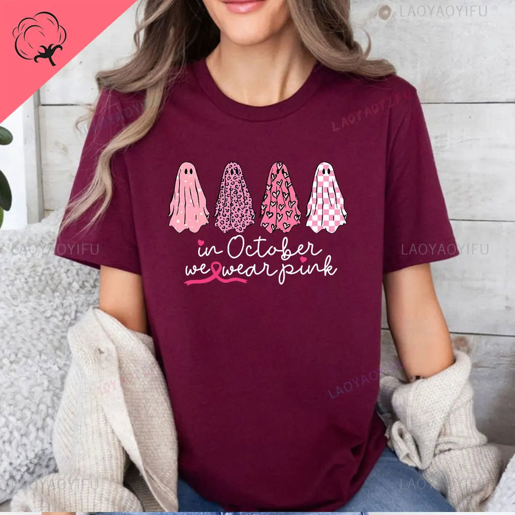 the OCTOBER COLLECTION - In October We Wear Pink Ghosts Cotton T-Shirt Breast Cancer Awareness Halloween T-Shirt Breast Cancer Support Tee