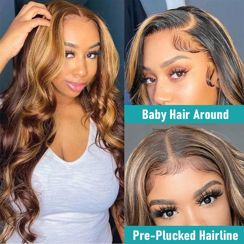 the BECKY - 13x6 Highlight Lace Frontal Wig, Human Hair Body Wave Ombre Colored Honey Blonde Lace Front Human Hair Wigs for Women Pre-Plucked