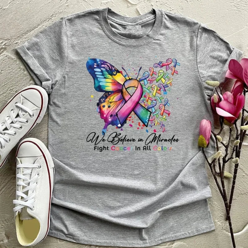 the MIRACLE BELIEVER - Cancer Warrior T-Shirt Butterfly Ribbon Graphic Tees