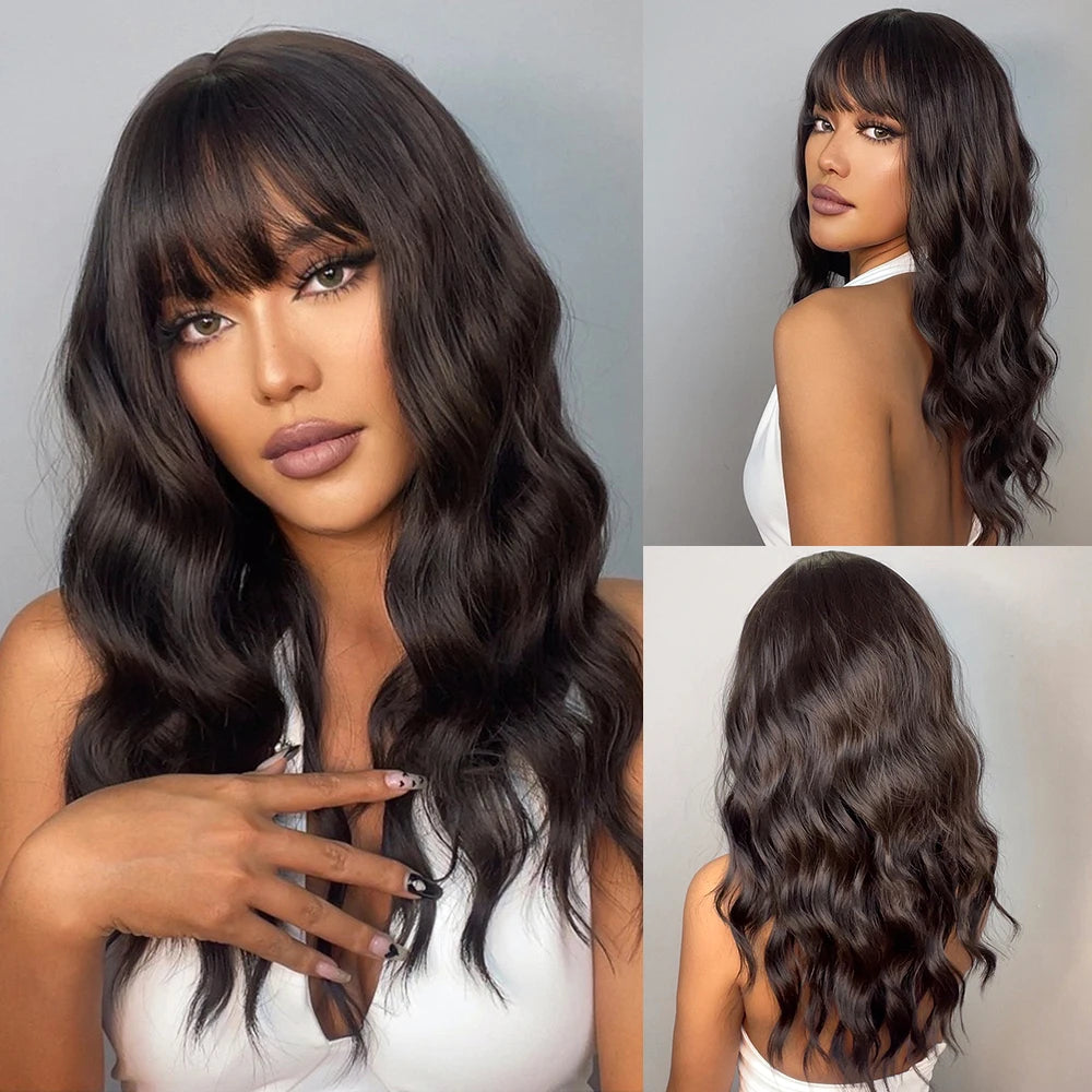 the MADELEINE - Ombre Honey Brown Synthetic Hair Wigs, Long Natural Body Wavy Wig with Bangs, Realistic Daily Party Soft Wig Heat Resistant Fiber