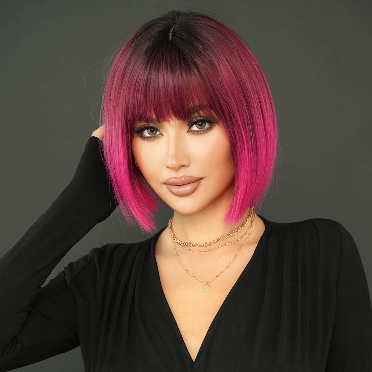 the NAOMI - Rose Pink Short Wig for Women, Daily Party Overhead Dyeing Black Natural Synthetic Lavender Heat Resistant Straight Wigs
