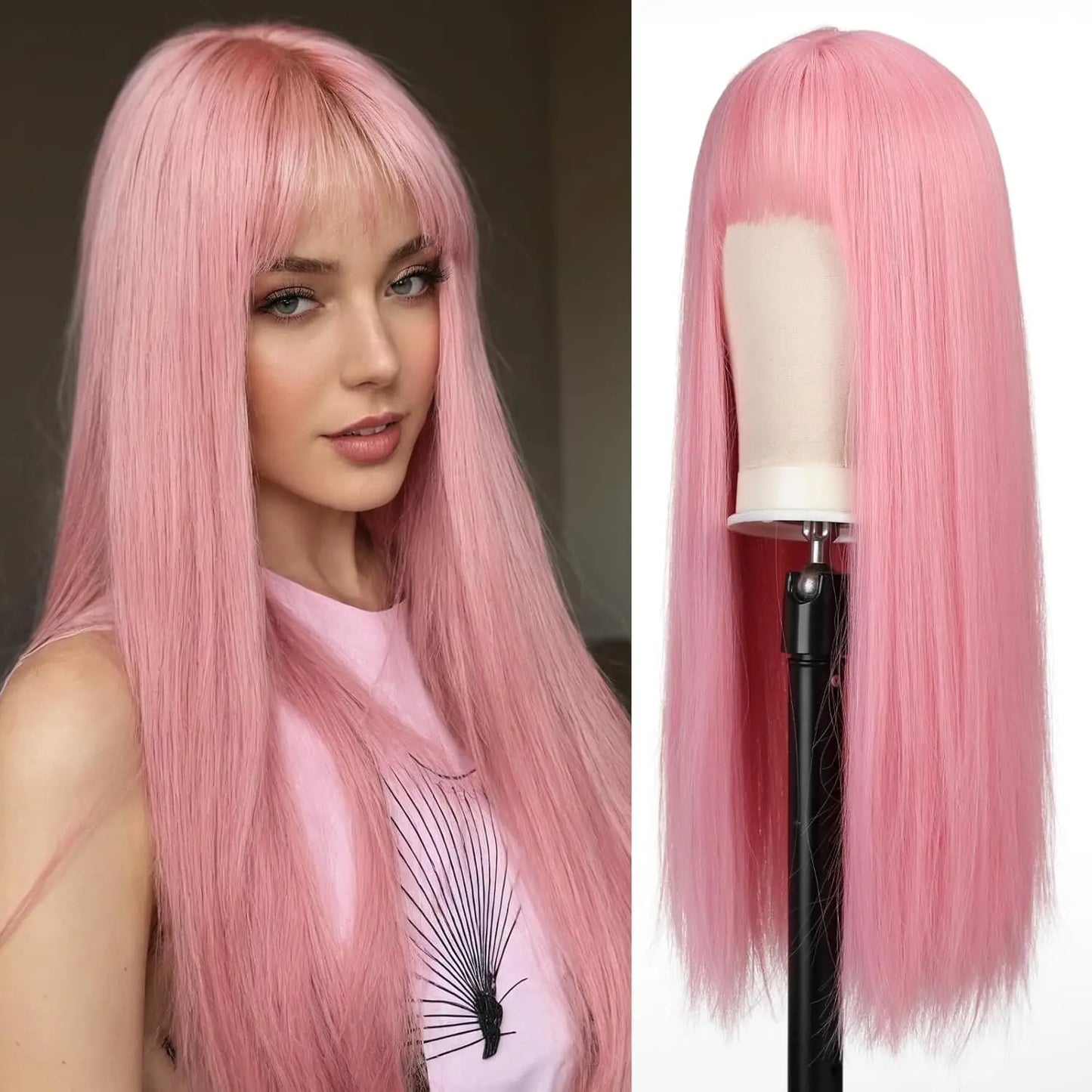 the HOT GIRL CLUB - Long Straight Synthetic Wigs, Air Bangs Natural Heat-Resistant Hair, Women Daily Halloween/Cosplay Party Full Head Cover