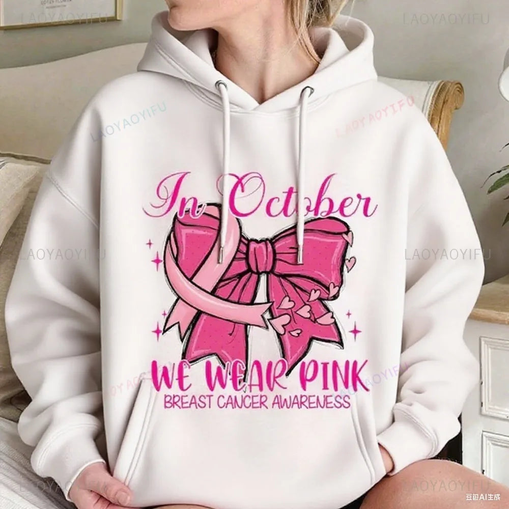 In October We Wear Pink Breast Cancer Awareness Sweatshirt Pink Coquette Bow Clothing Creative Design Women Casual Streetwear