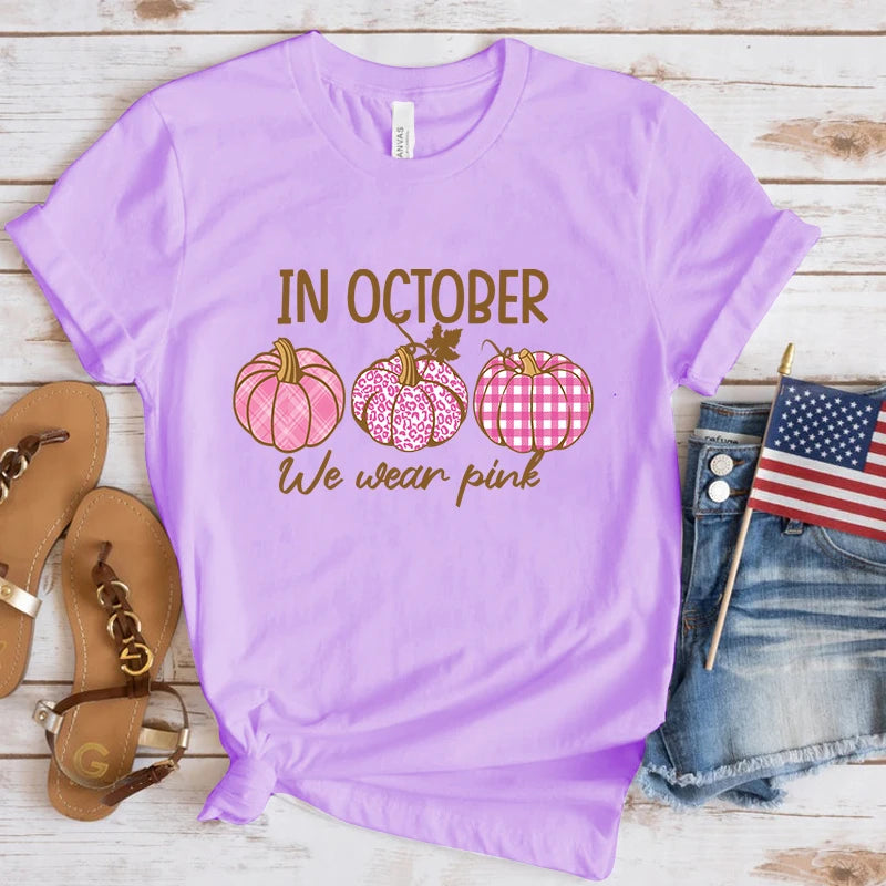 the PUMPKIN PATCH - Breast Cancer Awareness In October We Wear Pink Print Short Sleeve Casual T-Shirts