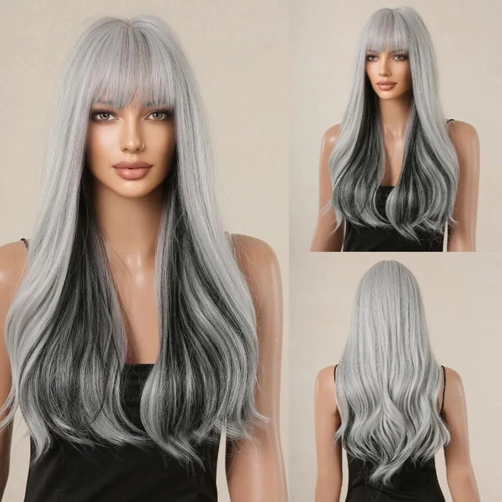 the MADELEINE - Ombre Honey Brown Synthetic Hair Wigs, Long Natural Body Wavy Wig with Bangs, Realistic Daily Party Soft Wig Heat Resistant Fiber