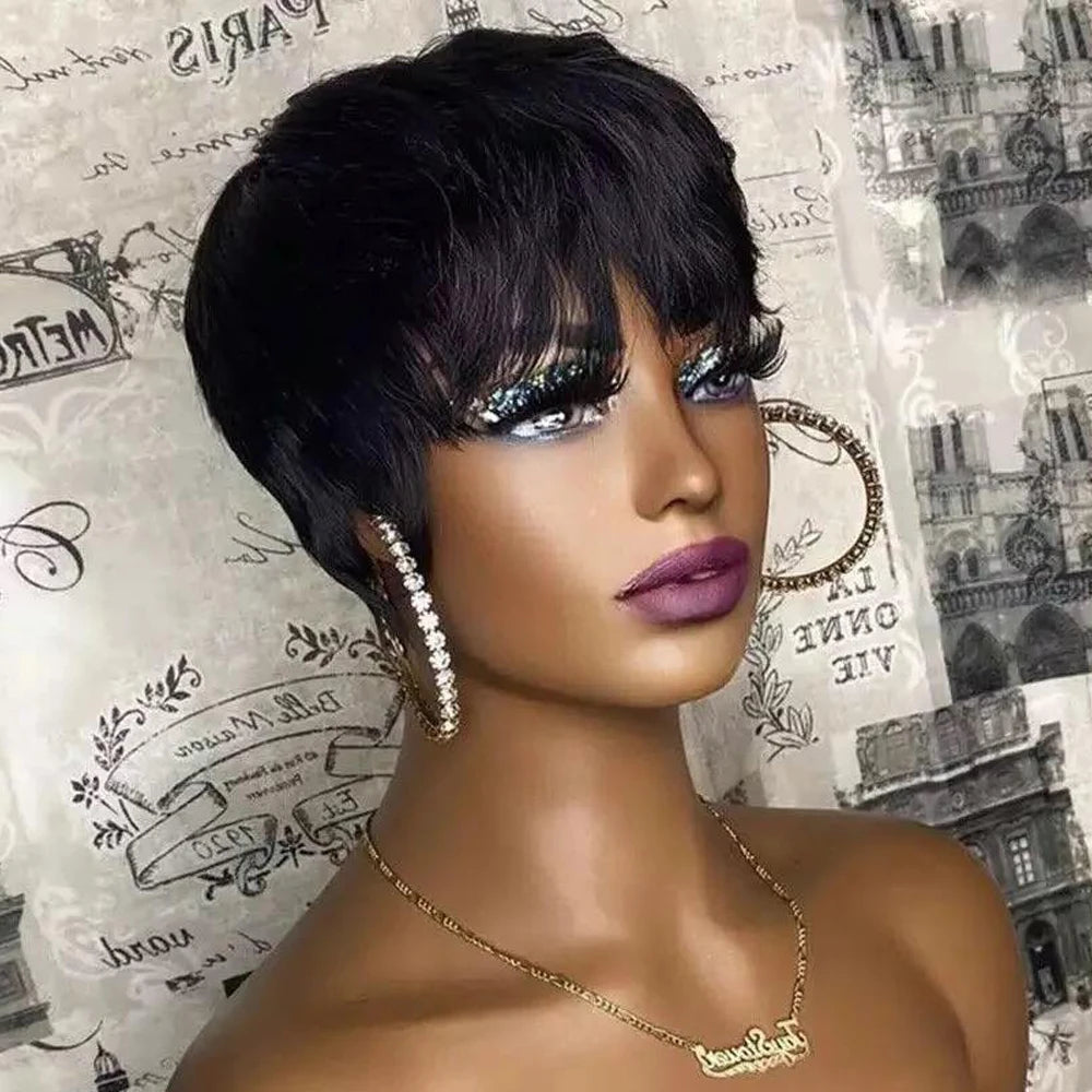 the PIXIE - Short Pixie Cut Wig, Human Hair for Women, Machine Made Wigs with Bangs, Colored Brazilian Wig Human Hair Wigs