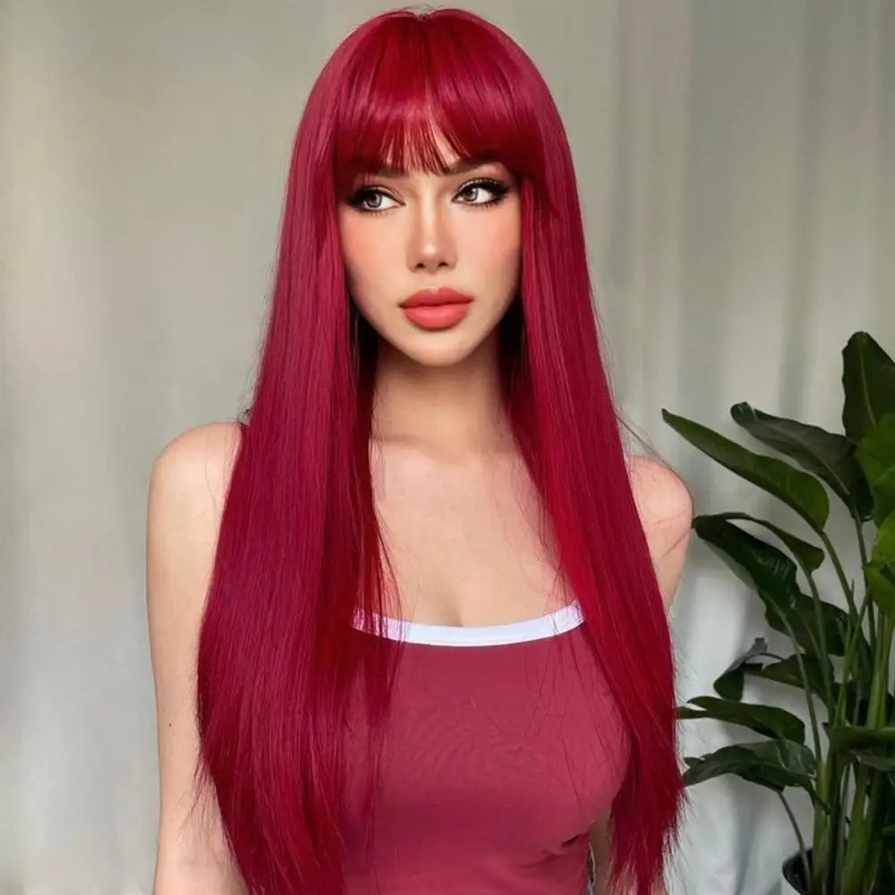 the HOT GIRL CLUB - Long Straight Synthetic Wigs, Air Bangs Natural Heat-Resistant Hair, Women Daily Halloween/Cosplay Party Full Head Cover