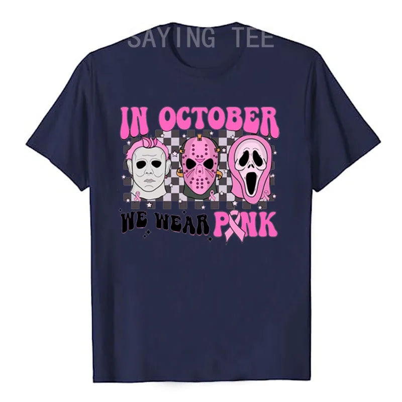 the SCARY MOVIE - Women Horror Movie Halloween Costume Gifts Pink Ribbon Breast Cancer Awareness T-Shirts Funny Novelty Graphic Short Sleeve Tops