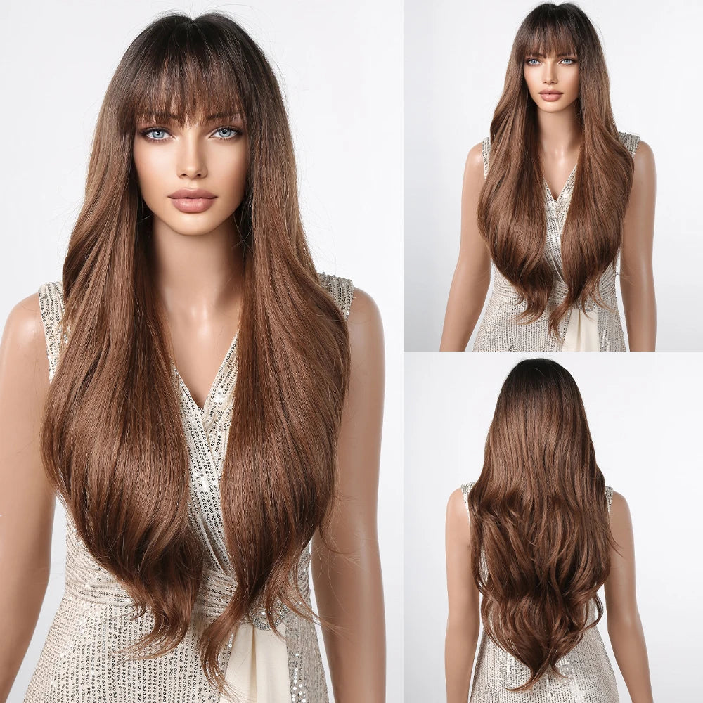 the MADELEINE - Ombre Honey Brown Synthetic Hair Wigs, Long Natural Body Wavy Wig with Bangs, Realistic Daily Party Soft Wig Heat Resistant Fiber