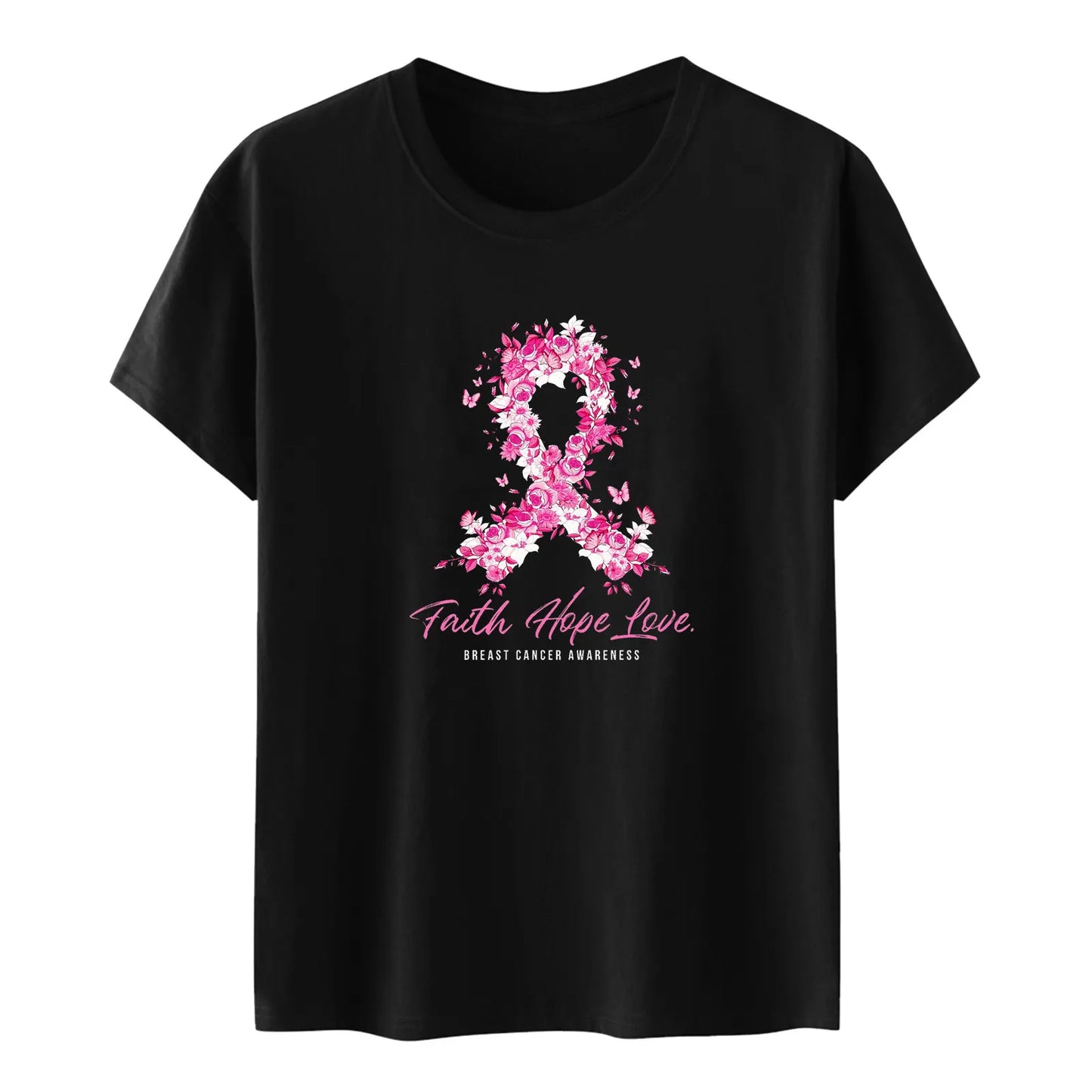 the FAITH HOPE LOVE - Ribbon Petal Print Pink Breast Cancer Awareness Graphic T-Shirts