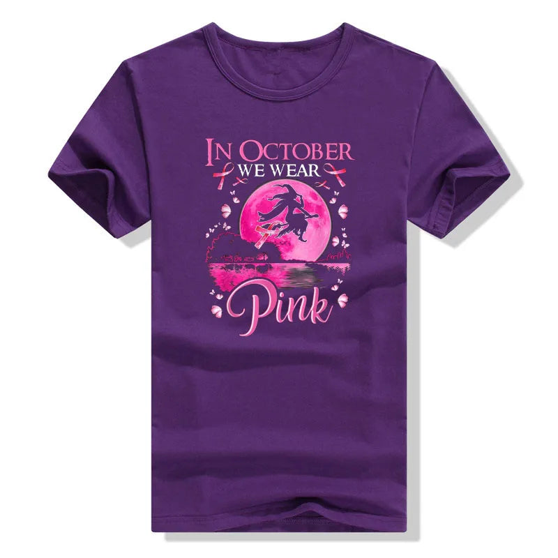 the PINK MOON - In October We Wear Pink Ribbon Witch Halloween Costume Breast Cancer T-Shirt for Women