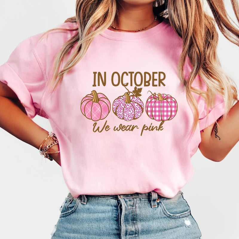 the PUMPKIN PATCH - Breast Cancer Awareness In October We Wear Pink Print Short Sleeve Casual T-Shirts