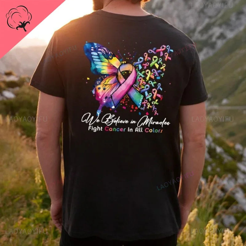 the MIRACLE BELIEVER - Cancer Warrior T-Shirt Butterfly Ribbon Graphic Tees