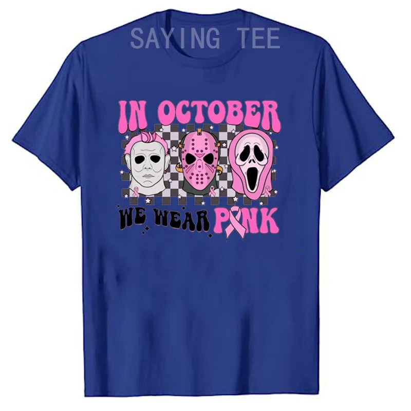 the SCARY MOVIE - Women Horror Movie Halloween Costume Gifts Pink Ribbon Breast Cancer Awareness T-Shirts Funny Novelty Graphic Short Sleeve Tops