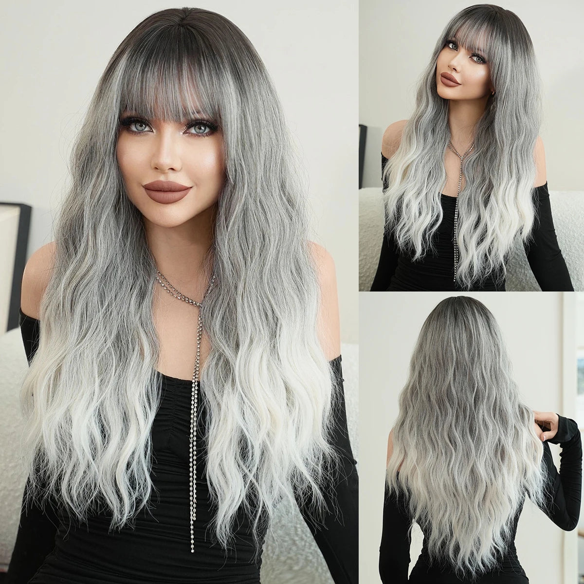 the GODDESS - Long Wavy Grey Purple Wig for Women, Cosplay Daily Party Overhead Dyeing Wavy Synthetic Heat-Resistant Wigs