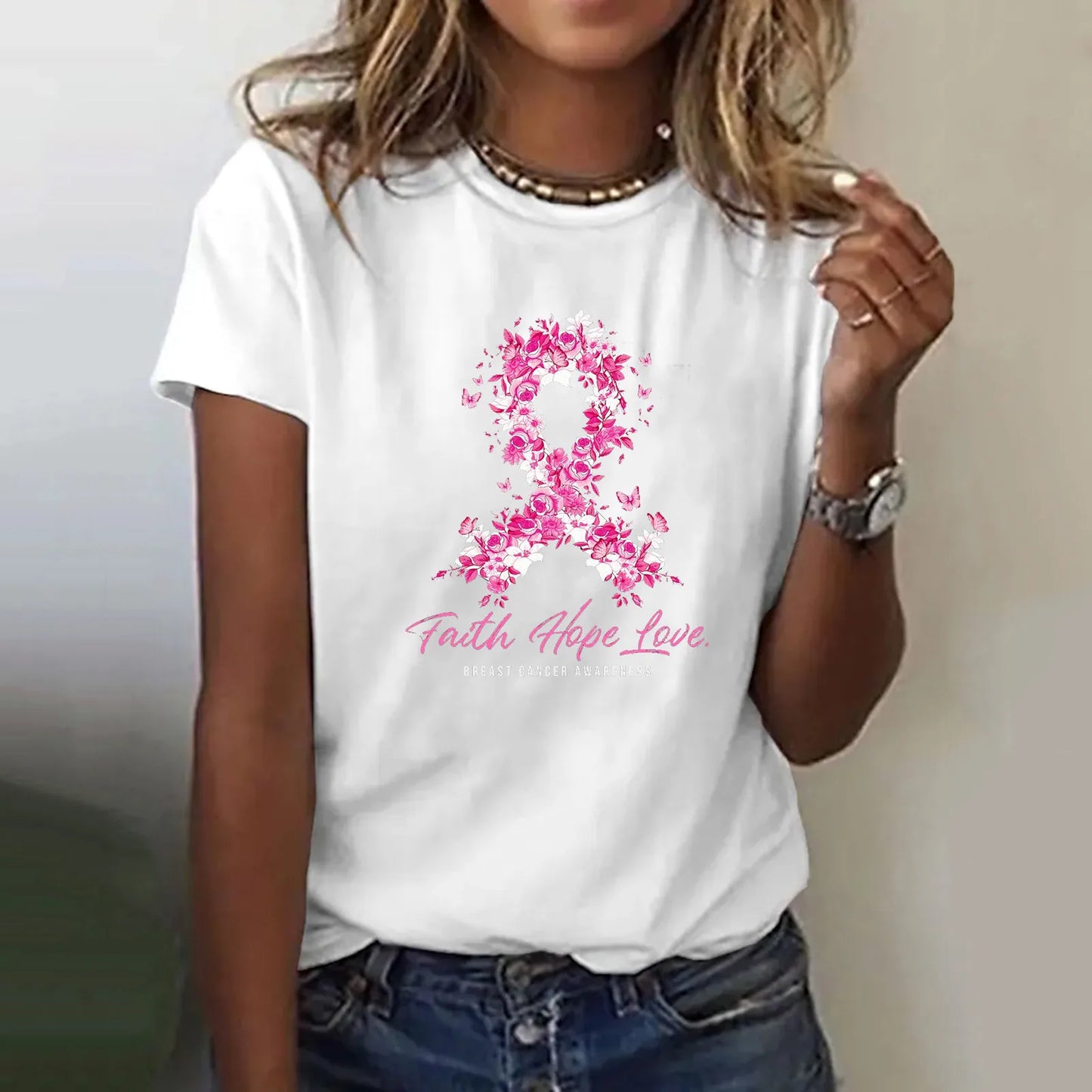 the FAITH HOPE LOVE - Ribbon Petal Print Pink Breast Cancer Awareness Graphic T-Shirts