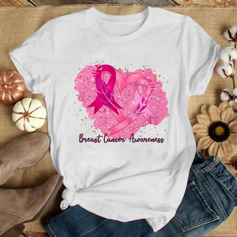 the GLITTER HEART - Breast Cancer Summer Graphic Casual Short Sleeve Round Neck T-Shirts