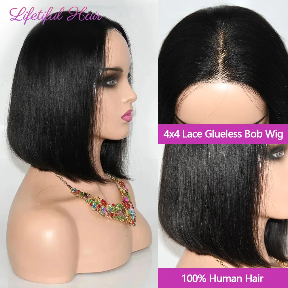 the CLEO - Glueless Bob Hair Wig, Human Hair Ready to Wear Straight Transparent 4x4 Lace Closure Wigs for Women, Glueless Wigs Human Hair