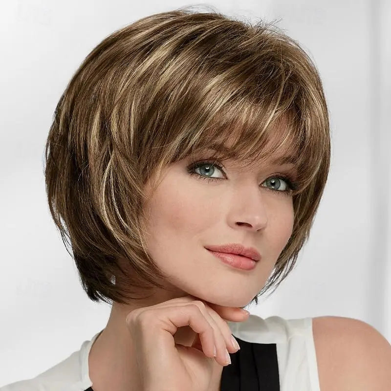 the LINDA - Synthetic Hair Short Straight Wigs for Women, Mixed Brown Wigs with Bangs, Short Hair Wigs