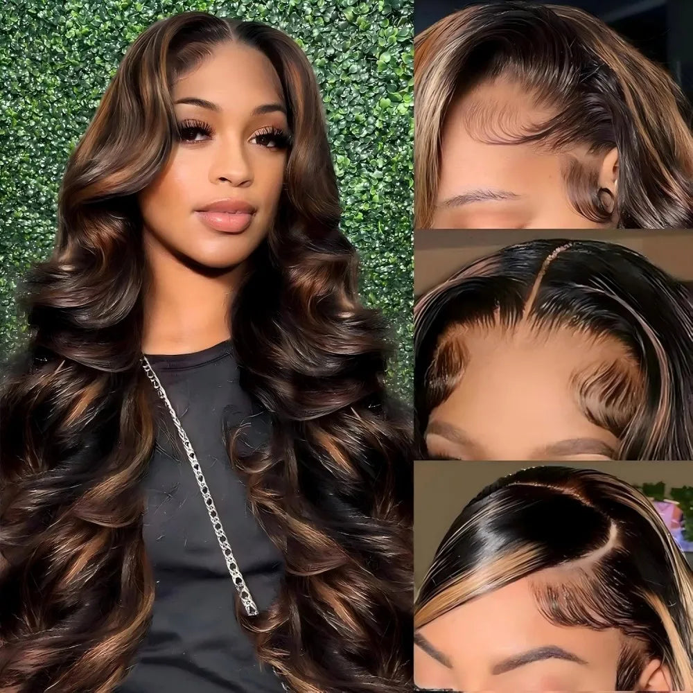 the NICKI - 32 Inch Highlight Lace Front Wig, Human Hair 1B/30 Body Wave Ombre Lace Front Wig, Human Hair 13x6 Lace Frontal Wigs 180 Density