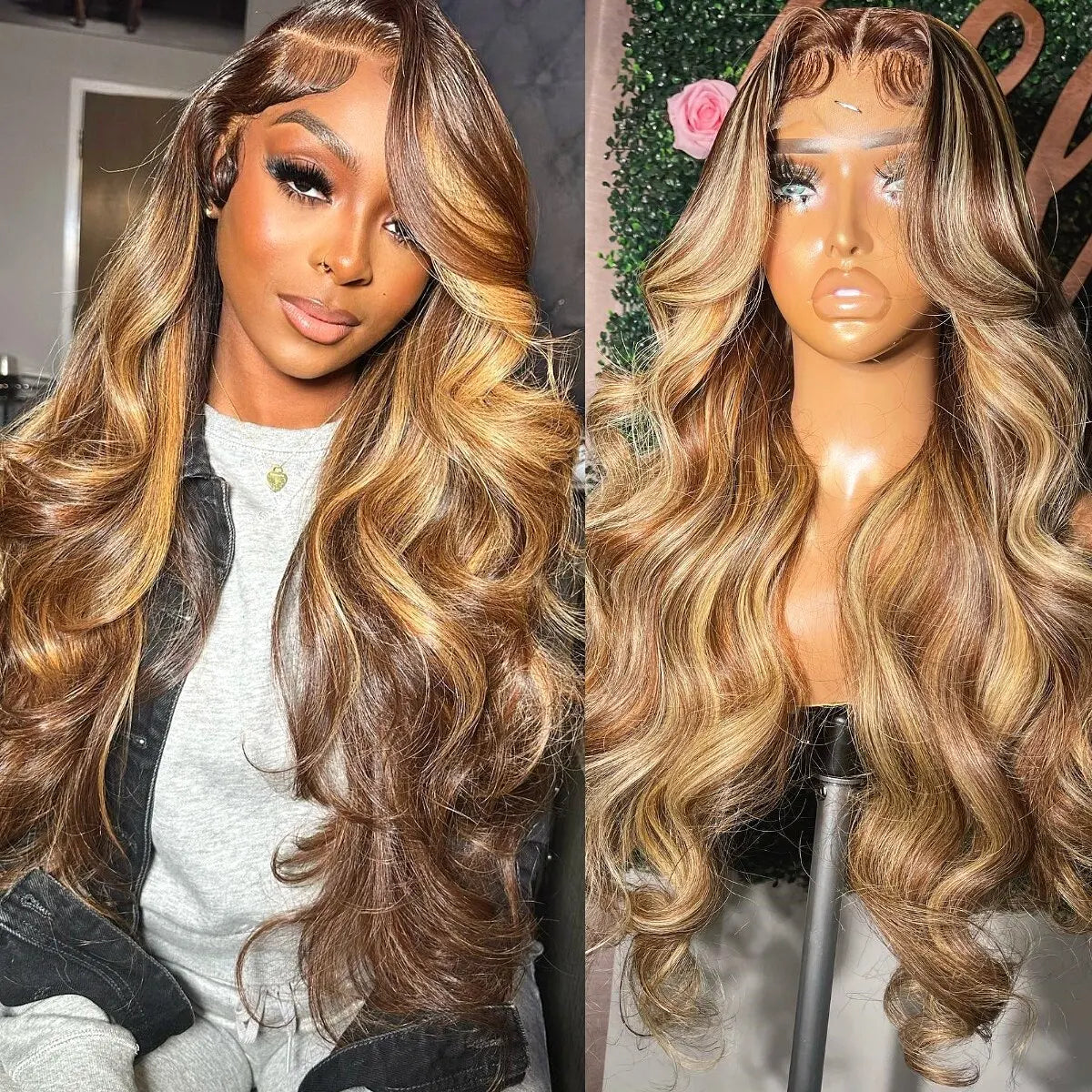 the BECKY - 13x6 Highlight Lace Frontal Wig, Human Hair Body Wave Ombre Colored Honey Blonde Lace Front Human Hair Wigs for Women Pre-Plucked