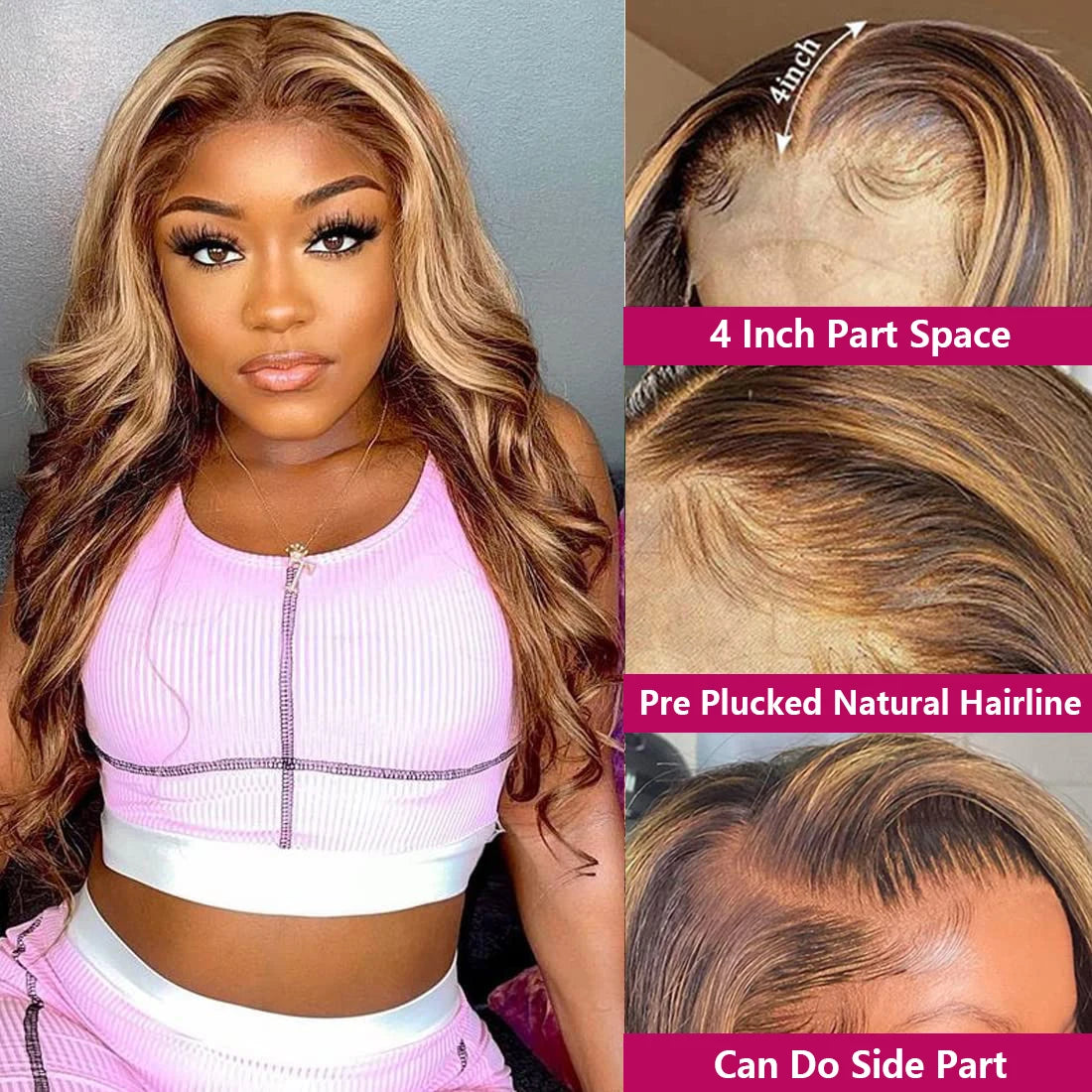the BECKY - 13x6 Highlight Lace Frontal Wig, Human Hair Body Wave Ombre Colored Honey Blonde Lace Front Human Hair Wigs for Women Pre-Plucked