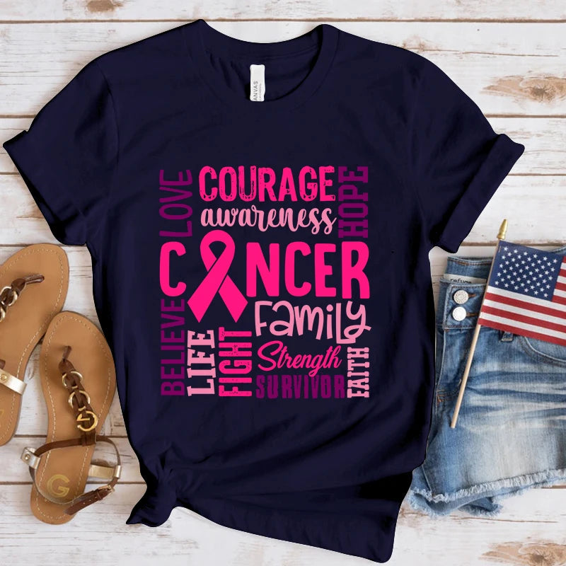 the WORDS OF ENCOURAGEMENT - Breast Cancer Awareness Cancer Letter Printed T-Shirts for Women