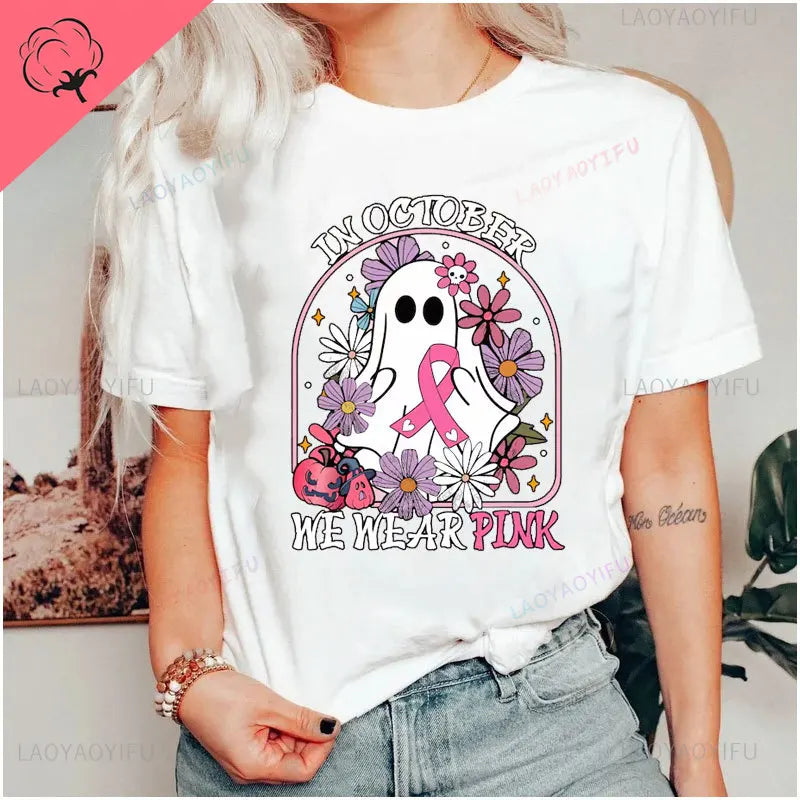 the OCTOBER COLLECTION - In October We Wear Pink Print T-Shirts Ghost Halloween Cute Pink Ghost Breast Cancer Awareness