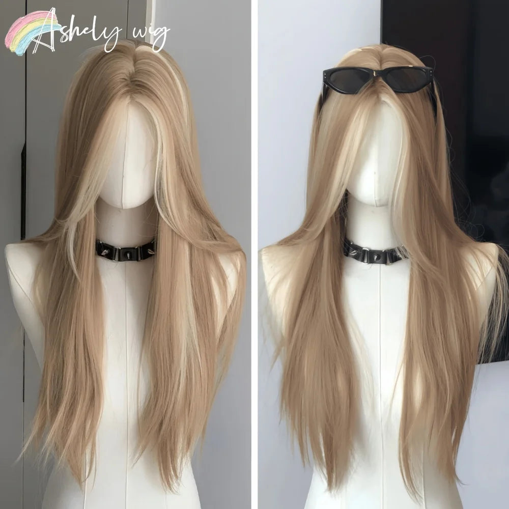 the STRAIGHT UP - Blonde Wig for Women, Long Straight Blonde Brown Wig, Asian American Lace Front Synthetic Wig for Daily Use Cosplay Ombre