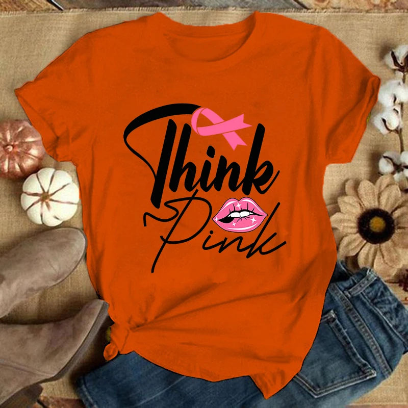 the THINK PINK - Breast Cancer Print Casual T-Shirt for Women, Summer Casual Short Sleeve Tops