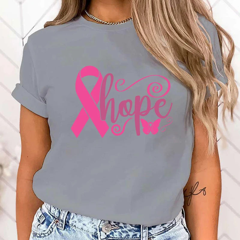 the HOPE RIBBON - Breast Cancer Awareness Hope Print Short Sleeve T-Shirts for Women