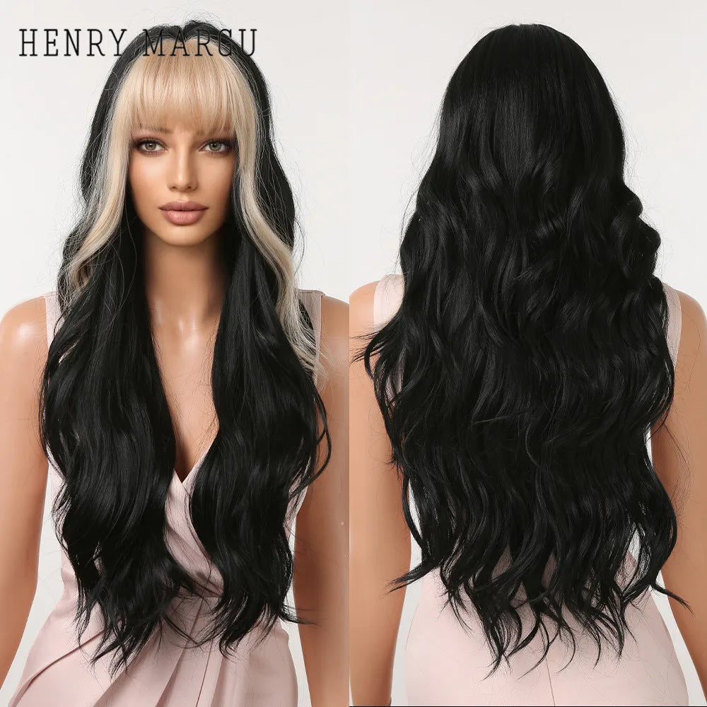 the MADELEINE - Ombre Honey Brown Synthetic Hair Wigs, Long Natural Body Wavy Wig with Bangs, Realistic Daily Party Soft Wig Heat Resistant Fiber