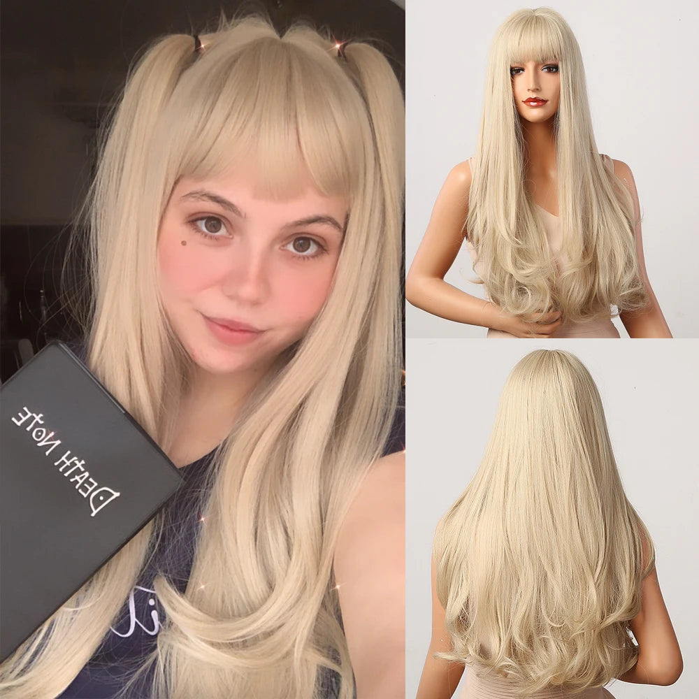 the MADELEINE - Ombre Honey Brown Synthetic Hair Wigs, Long Natural Body Wavy Wig with Bangs, Realistic Daily Party Soft Wig Heat Resistant Fiber