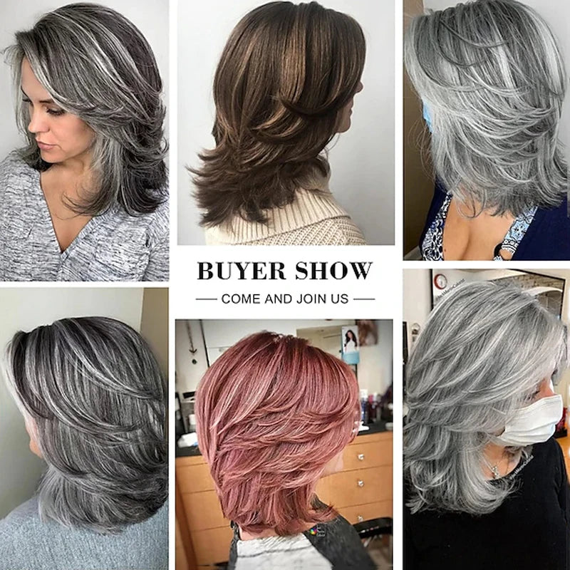 the LAYERED BOB - Dark Gray Ombre Layered Wigs with Bangs for Women, Synthetic Hair Short Gray Highlight Straight Layered Bob Wig