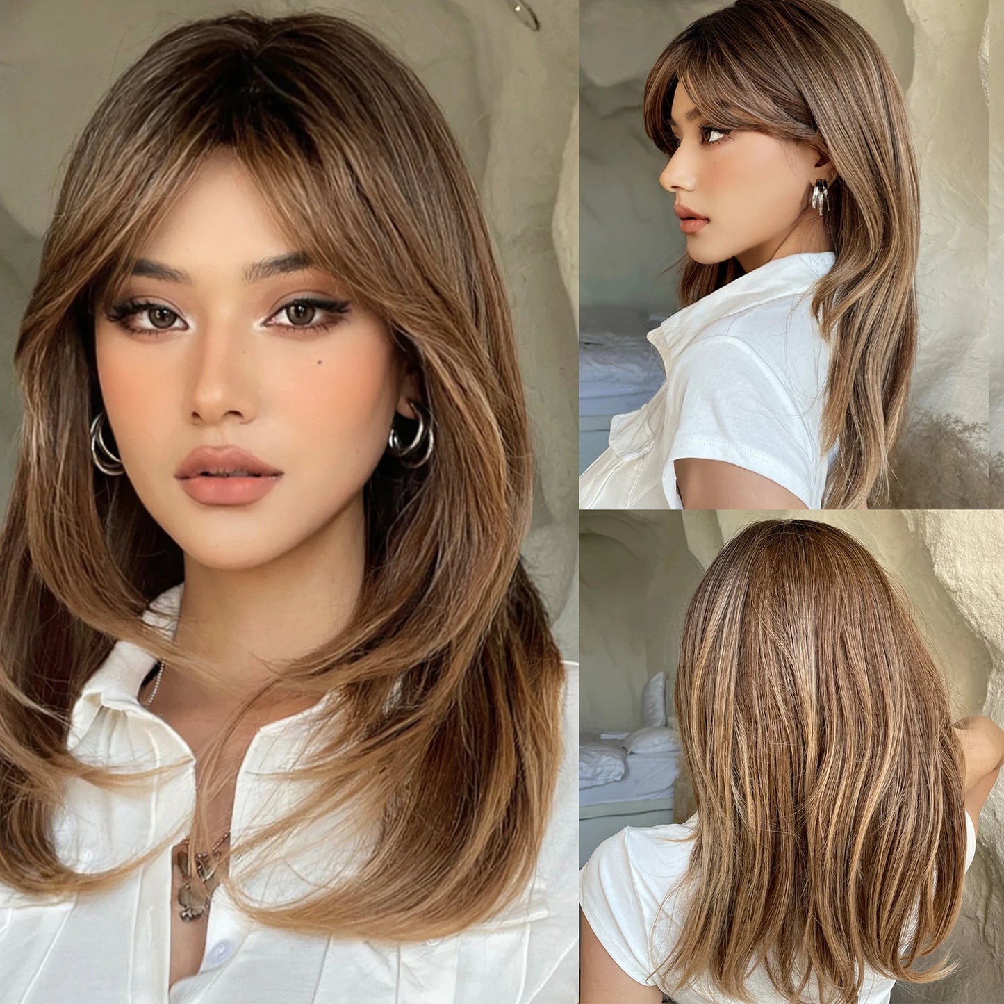 the MULAN - Shoulder Black Brown Layered Synthetic Natural Hair Wigs for Women, Straight Daily Women's Heat-Resistant Wig with Curtain Bangs