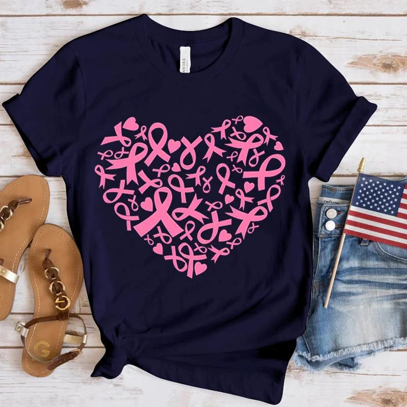 the RIBBON HEART - Breast Cancer Awareness Heart Print T-Shirt