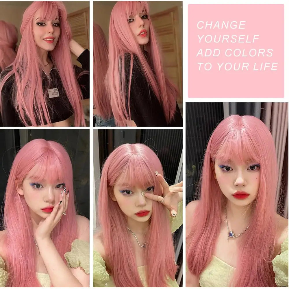 the PINK GIRL - Pink Long Straight Synthetic Wig, Air Fringe Daily Cosplay Party Heat Resistant Full Headgear