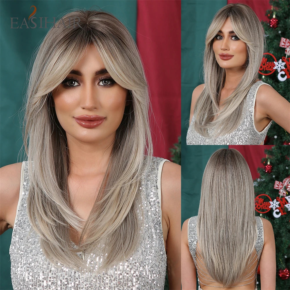 the MULAN - Shoulder Black Brown Layered Synthetic Natural Hair Wigs for Women, Straight Daily Women's Heat-Resistant Wig with Curtain Bangs