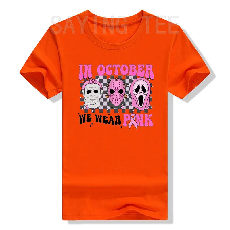the SCARY MOVIE - Women Horror Movie Halloween Costume Gifts Pink Ribbon Breast Cancer Awareness T-Shirts Funny Novelty Graphic Short Sleeve Tops