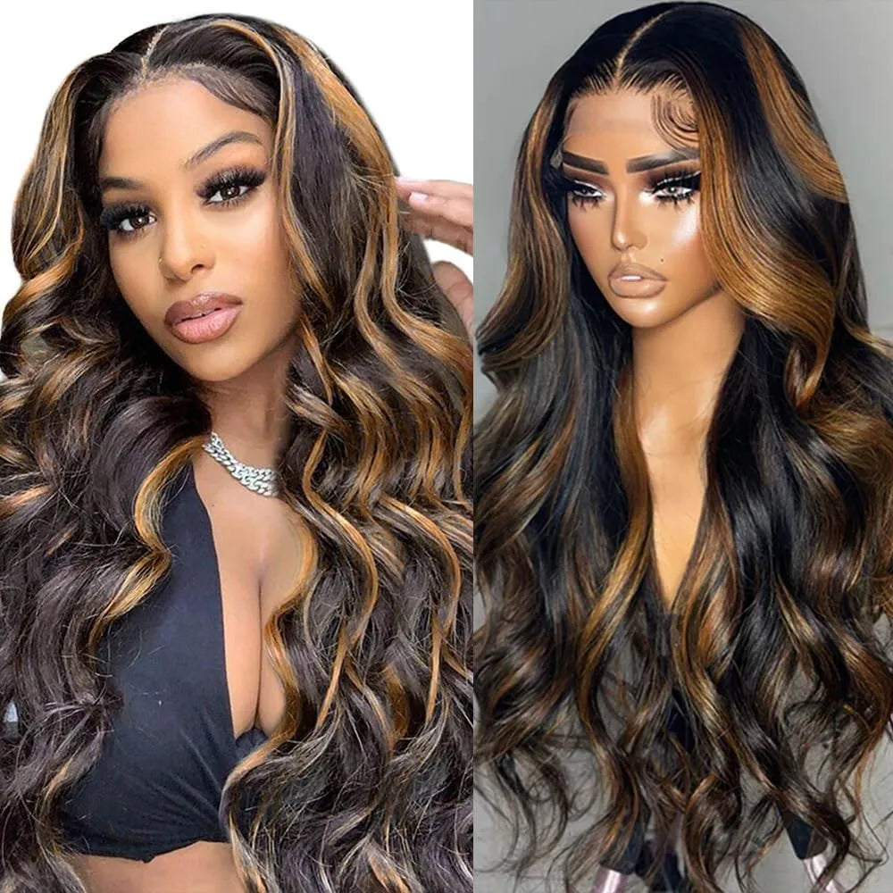 the NICKI - 32 Inch Highlight Lace Front Wig, Human Hair 1B/30 Body Wave Ombre Lace Front Wig, Human Hair 13x6 Lace Frontal Wigs 180 Density
