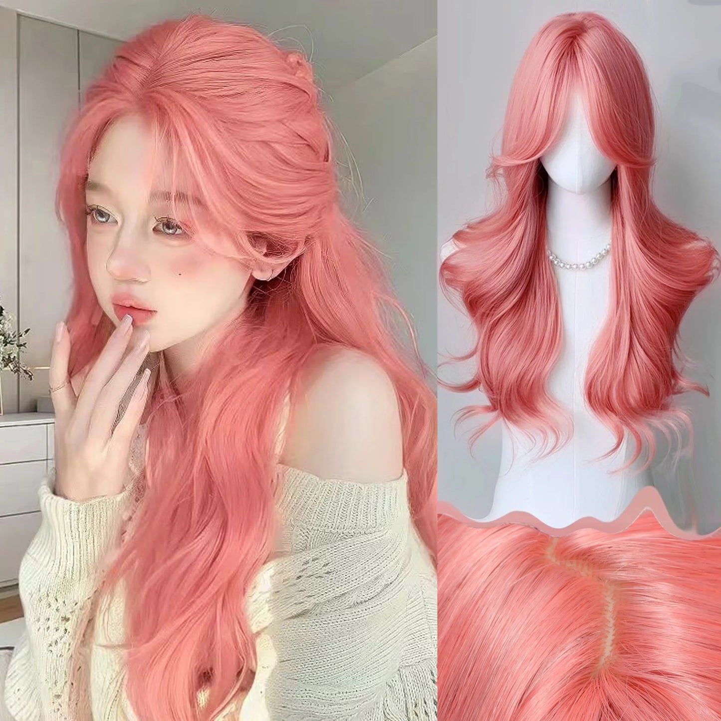 the PINKY - Orange/Pink Wig Long Wavy Synthetic Wigs, Middle Part Natural Wave Wig, Heat Resistant Cosplay Party Daily Hair Wig