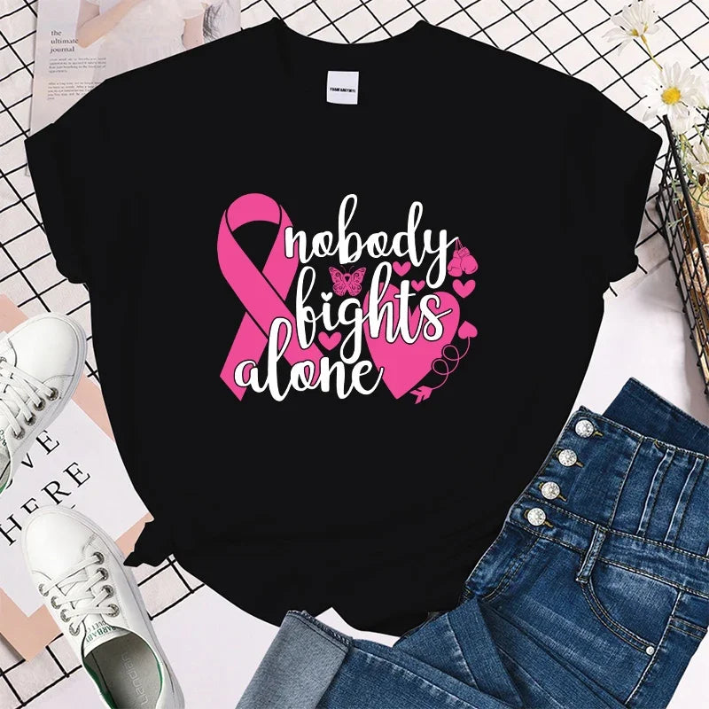 the STRONGER TOGETHER - Breast Cancer Awareness Nobody Fights Alone Printing Shirt Short Sleeve T Shirt