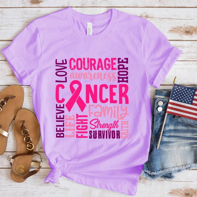 the WORDS OF ENCOURAGEMENT - Breast Cancer Awareness Cancer Letter Printed T-Shirts for Women