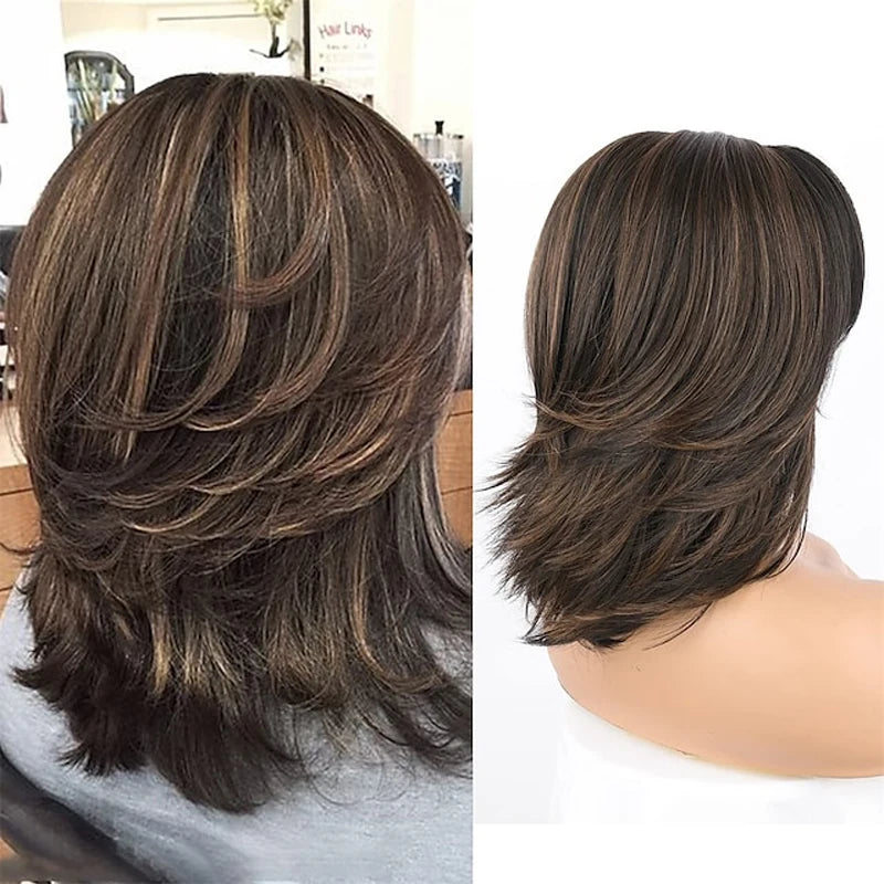 the LAYERED BOB - Dark Gray Ombre Layered Wigs with Bangs for Women, Synthetic Hair Short Gray Highlight Straight Layered Bob Wig