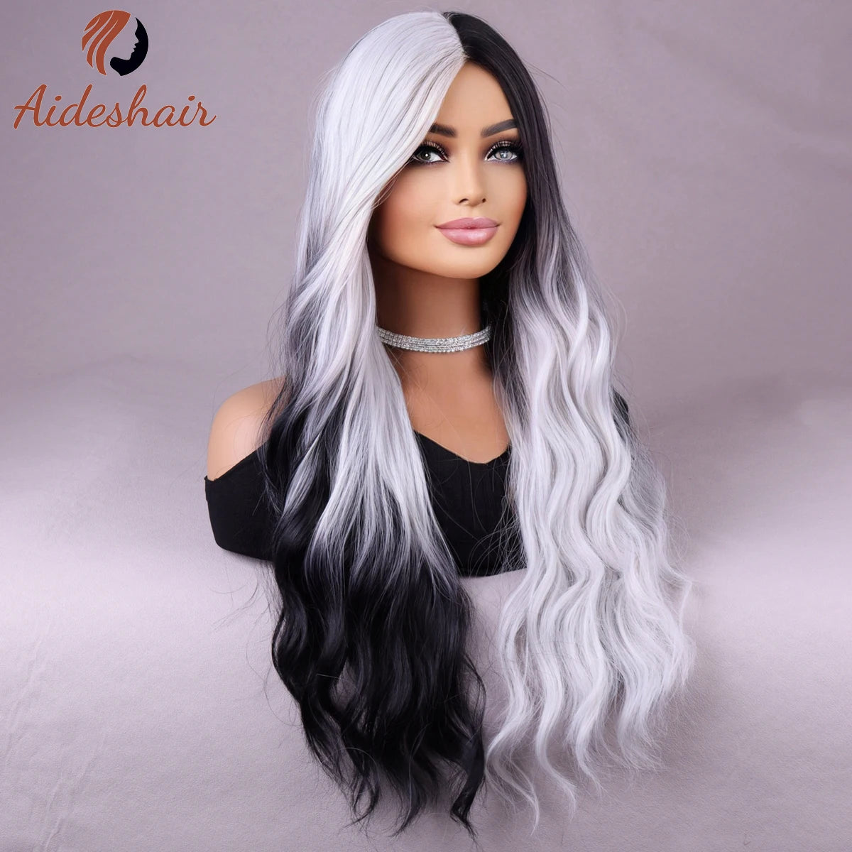 the CRUELLA - Synthetic Wig European and American Fake Hair, Celebrity Women's Double Black and White Long Rolls