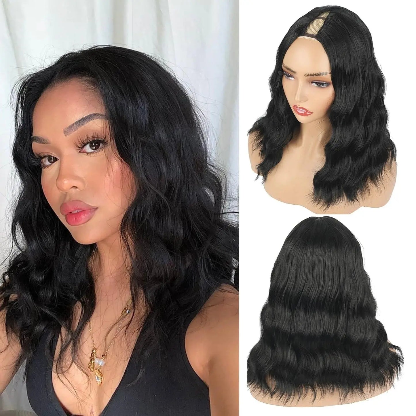 the BEACH WAVE - Black Bob Wavy V/U Part Wig for Women, Synthetic Hair Replacement Wigs, Double-Leaf Wig Full Head Clip in Hair Extensions Wig