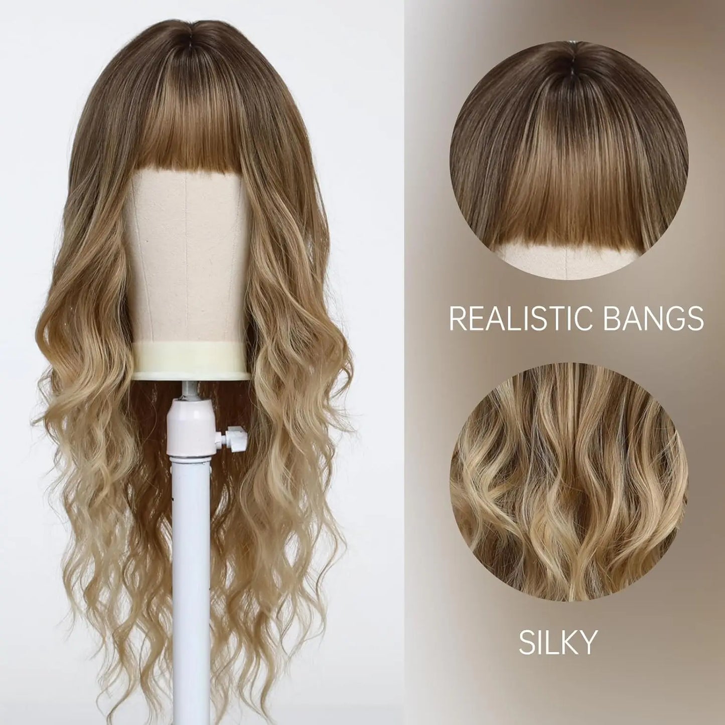 the BANG BADDIE - Ombre Brown Synthetic Long Wavy Wig with Fluffy Bangs for Women, Natural Hair Brown Blonde Highlight Wigs for Daily Cosplay Use