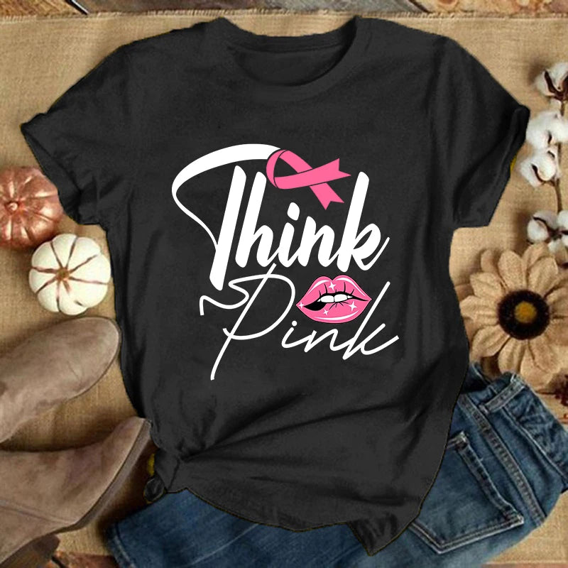 the THINK PINK - Breast Cancer Print Casual T-Shirt for Women, Summer Casual Short Sleeve Tops