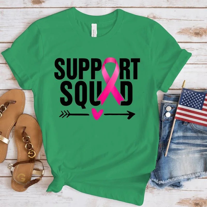 the SUPPORT SQUAD - Breast Cancer Awareness Support Squad Printed Short Sleeve Shirts for Women
